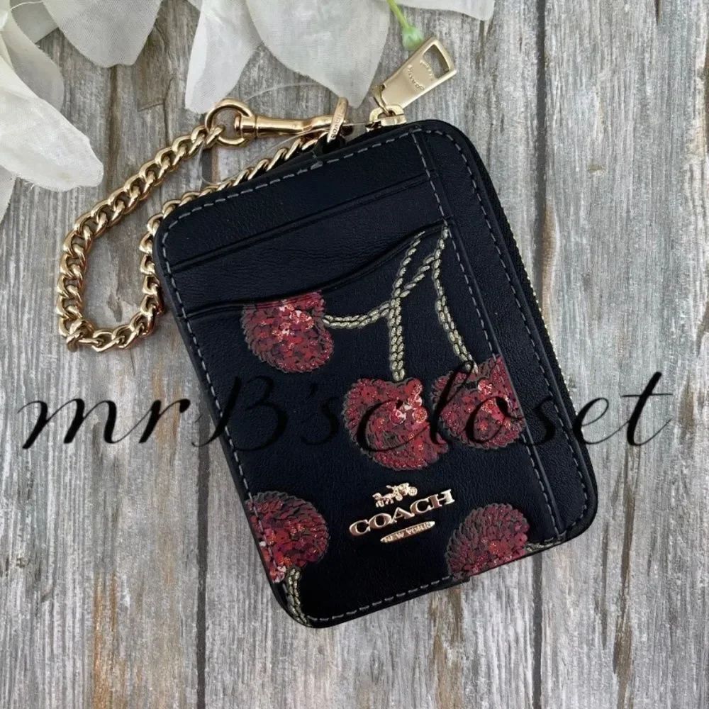 Coach Zip Card Case With Cherry Print Smooth Leather Wallet Bag Purse